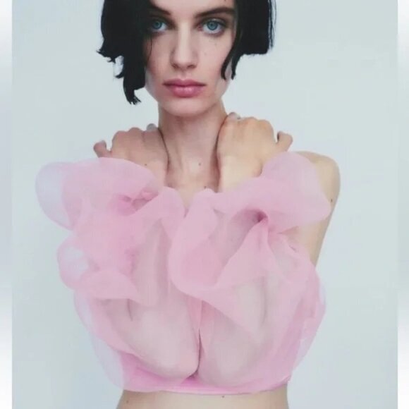 NWOT Zara bubblegum pink contrasting organza balloon sleeve crop top, L - Picture 2 of 12